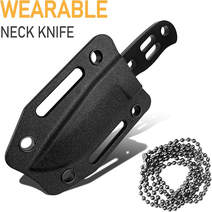 EDC Small Fixed Blade Neck Knife with Kydex Sheath, Cute Mini Necklace Knife for Men and Women -440C Steel Full Tang Design - Survival, Hunting, Camping, Hiking Cutting Tools (Black)