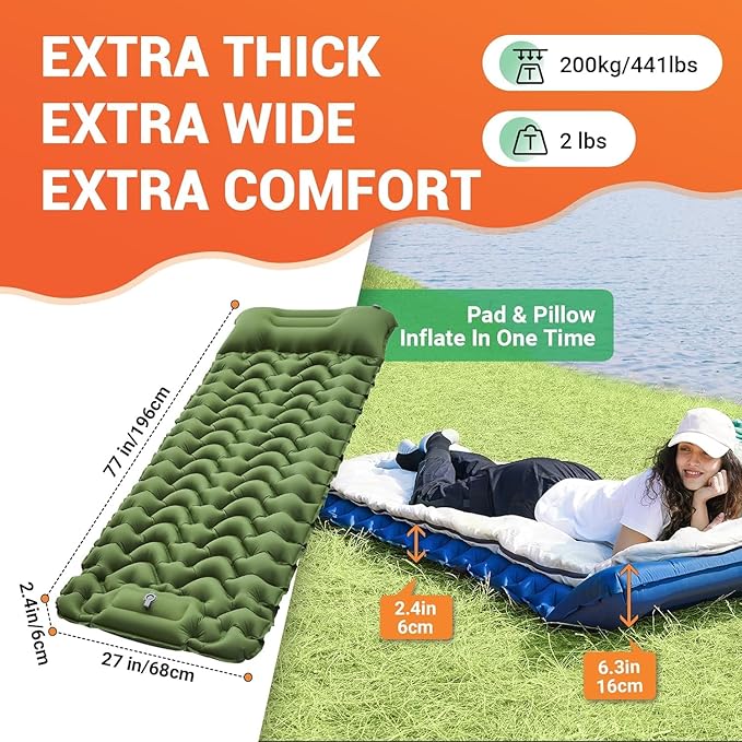 KingCamp Self Inflating Camping Mattress with Built-in Foot Pump, Connectable Durable Inflatable Sleeping Mat with Pillow, Compact Camping Air Mattress for Hiking