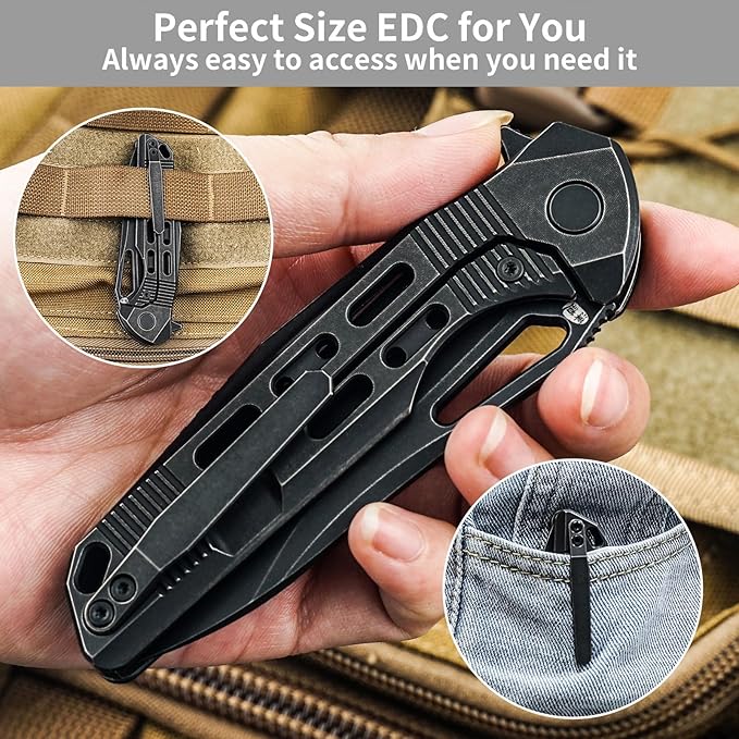 HX OUTDOORS Pocket Knife with Lock, High End S35VN Steel Folding Knife with Non Slip Titanium Alloy Handle(Black)