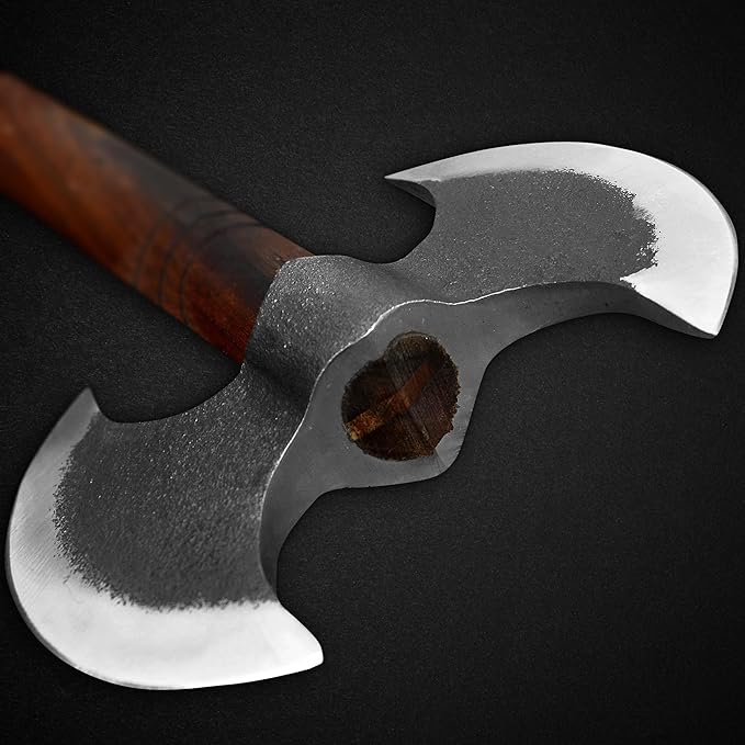 14 inch Custom Handmade Carbon Steel Viking Double Head Axe - Camping, Hatchet, Survival, Hunting, Outdoor, Throwing, Bushcraft, Tomahawk, Estwing, Tactical Double Head Axe with Sheath
