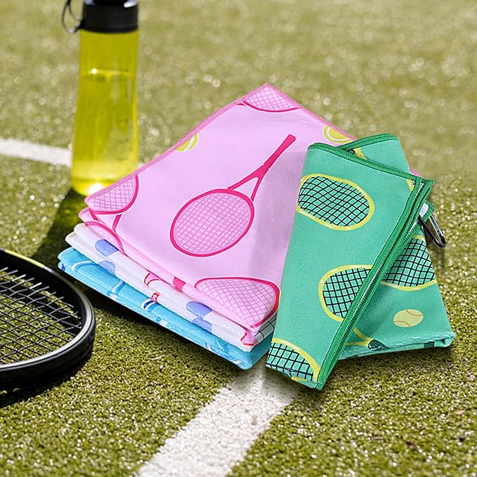 4 Pcs Tennis Towel 15 x 17 Inch Soft Tennis Prints Towels Absorbent Fast Drying Funny Tennis Towel with Carabiner Clip Tennis Hand Towels Tennis Gift for Women Men Team Sports Tennis Accessories