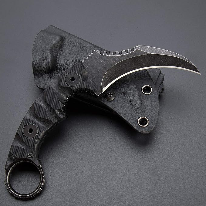 1911K Tactical Knife Fixed Blade Teeth Knife D2 curved Blade & G10 Handle for Outdoor Survival, Camping, Bushcraft and Hunting, with Sheath (Stonewashed, 180)