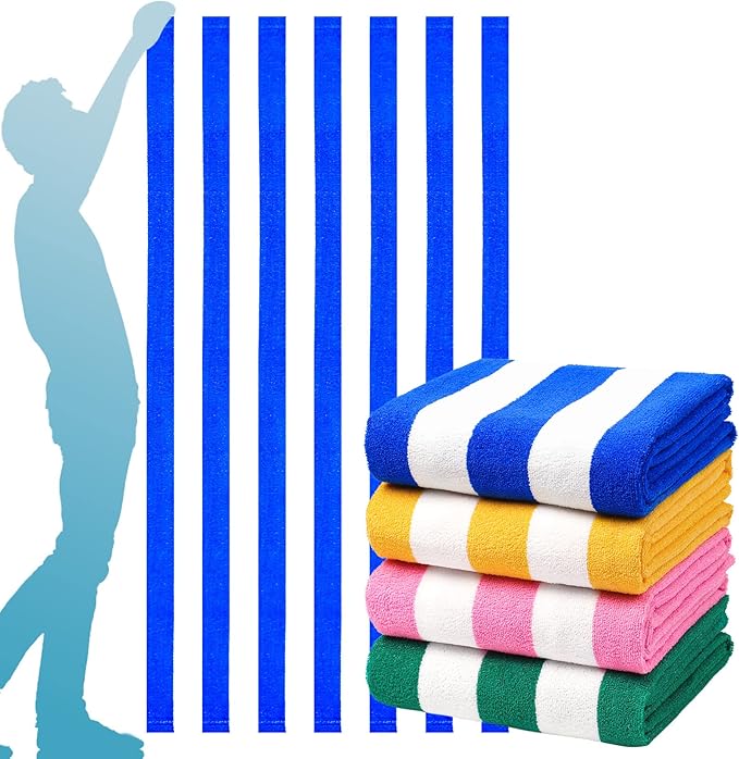 4 Packs Stripe Beach Towel Thin Terry Oversized XL Extra Large Big Clearance Pool Travel Blanket Cruise Accessories Essentials Super Soft Camping Swim Bath Towels Girls Men Women Adults Gift Blue Pink