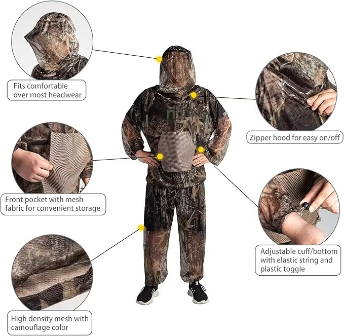 Mosquito Net Suit Camo Hunting Mesh Suit Bug Net Clothing with Hood Outdoor Protection No-See-Ums Garden Camping