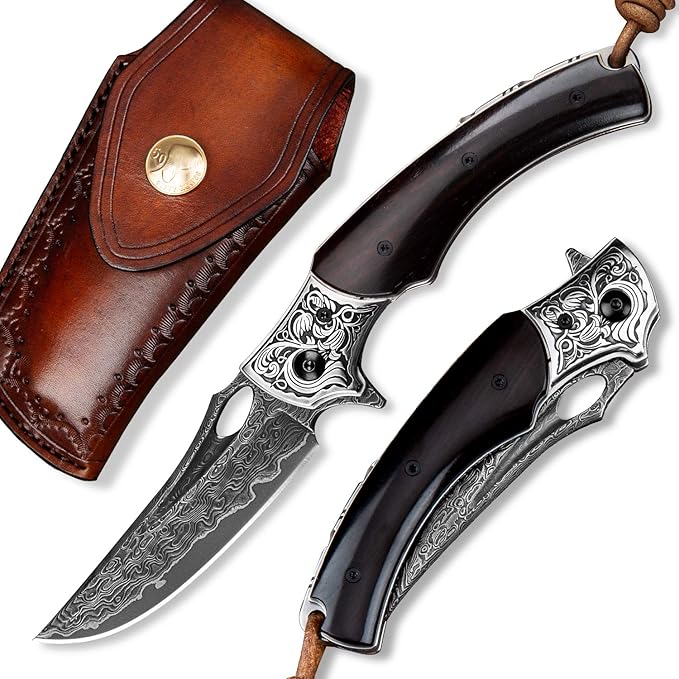 3.5in handmade japanese vg10 damascus steel blade folding pocket knife for men and women,leather sheath,ebony wood handle,liner lock,edc outdoor knives for camping