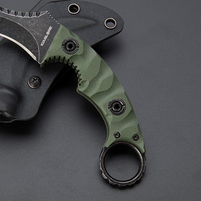 1911K Tactical Knife Fixed Blade Teeth Knife D2 curved Blade & G10 Handle for Outdoor Survival, Camping, Bushcraft and Hunting, with Sheath (Stonewashed OD Green, 180)