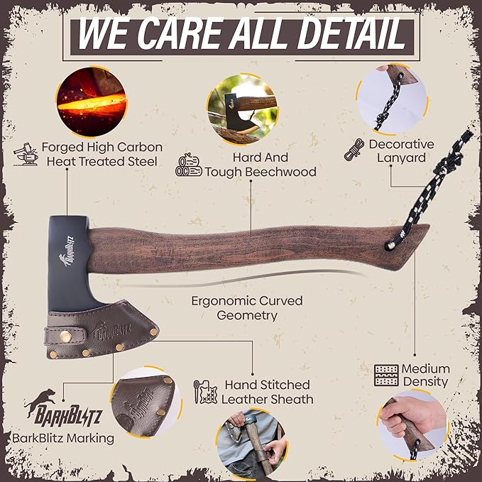 15" Camping Hatchet Axe - Camping Axe with 1045 High Carbon Steel - Hatchet Axe with Sheath - Bushcraft Axe with Handle - Splitting Hatchet for Chopping Wood - Hatchet Axe for Camping