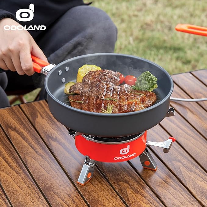 Odoland 2pcs Camping Frying Pans Nonstick for Camping Cooking Portable Camp Cookware 7.4" & 8.4" Camping Skillet with Mesh Bag for Backpacking Outdoor Camping Hiking and Picnic