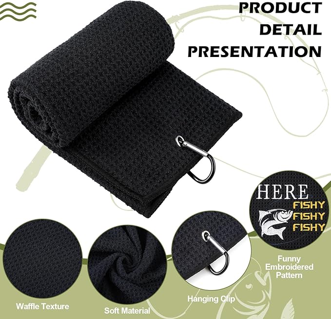 4 Pcs Microfiber Fishing Towels with Clip Waffle Pattern Bait Towels for Effective Cleaning of Fishing Gears or Dirty Hands 16''x24'' Funny Embroidered Towel for Fly Fishing Kayaking Hiking