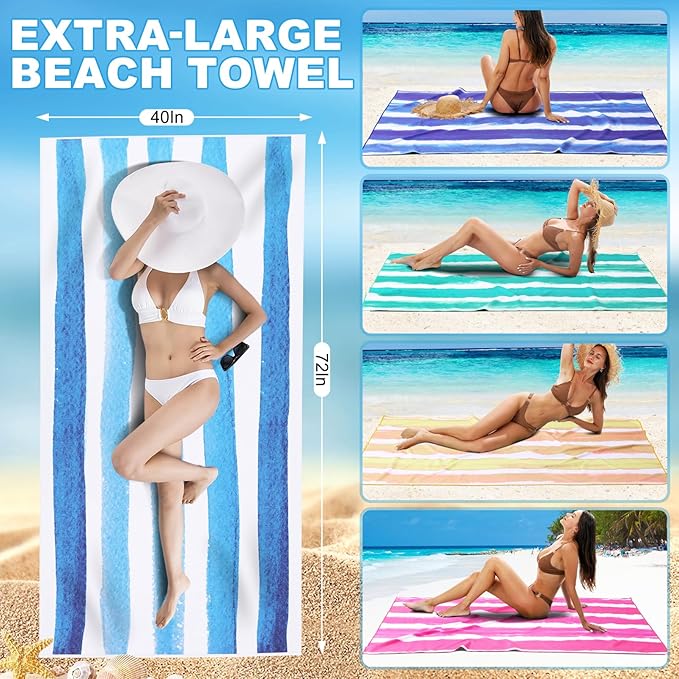 2 Pack Microfiber Oversized Beach Towel Lightweight Thin Sandproof Compact Quick Dry Clearance Towels Extra Large Sand Free Pool Travel Beach Essentials Accessories Women Adult Gift Bule Green Stripe