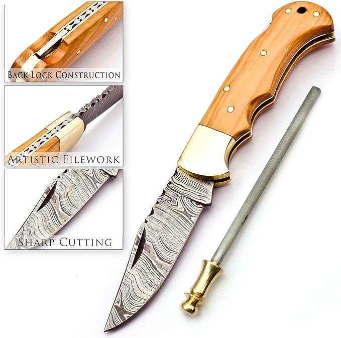 6.5 Inch Handmade Damascus Pocket knife for Men Folding Knife with back lock Small Pocket knife for Hunting Camping Hiking Damascus hunting knife with sheath Best EDC Camping Knife