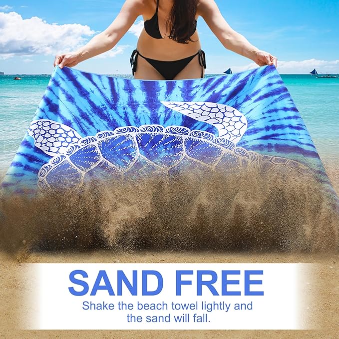 2 Packs Microfiber Oversized Lightweight Thin Beach Towel Sandproof Compact Quick Dry Clearance Towels Extra Large Sand Free Travel Beach Essentials Accessories Women Adult Gift Blue Turtle Vortex