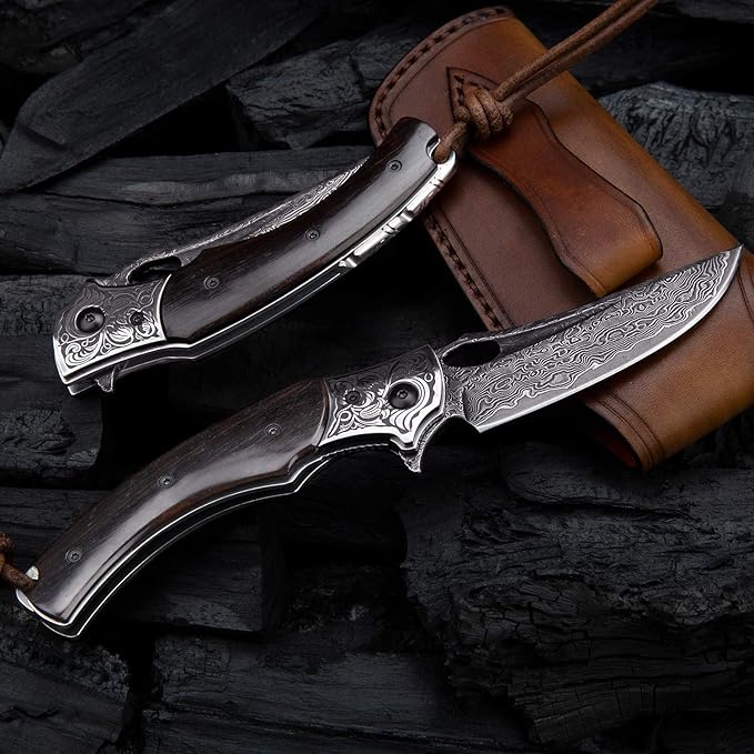 3.5in handmade japanese vg10 damascus steel blade folding pocket knife for men and women,leather sheath,ebony wood handle,liner lock,edc outdoor knives for camping