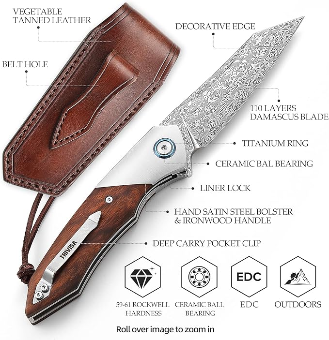 3.5" Damascus EDC Folding Pocket Knife with Clip for Men, Handmade Leather Sheath for Belt,Steel Bolster & Ironwood Handle,Ball Bearings Pivot,Everyday Carry Outdoor,Vul-01