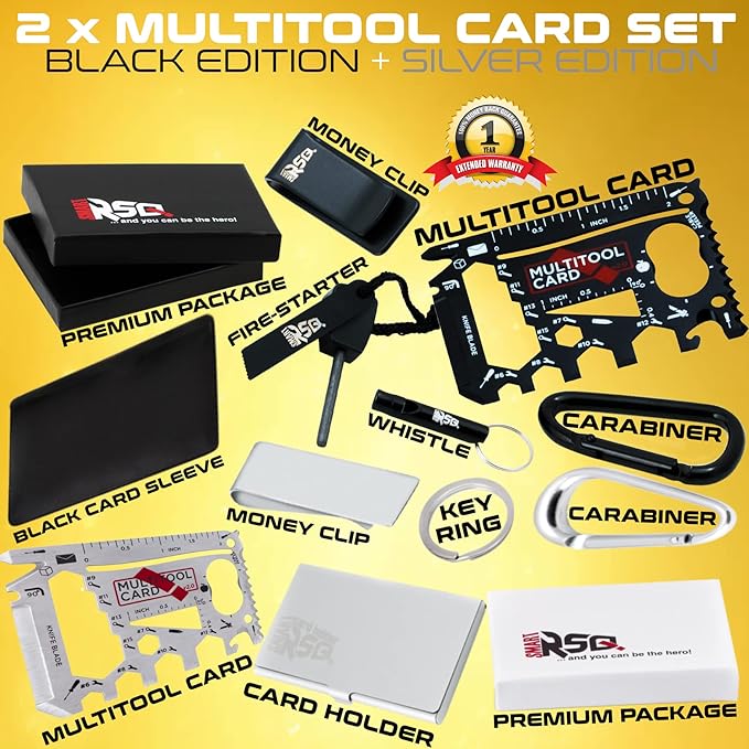 37-in-1 Credit Card Tool Black & Silver Sets Men's Gifts (2 Sets in 1 Pack). Wallet Multitool Card Tool Gift. Wallet Multitool Card Tool Gifts for Dad. Best Gifts for Men Who Have Everything