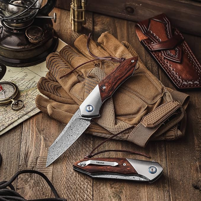 3.5" Damascus EDC Folding Pocket Knife with Clip for Men, Handmade Leather Sheath for Belt,Steel Bolster & Ironwood Handle,Ball Bearings Pivot,Everyday Carry Outdoor,Vul-01