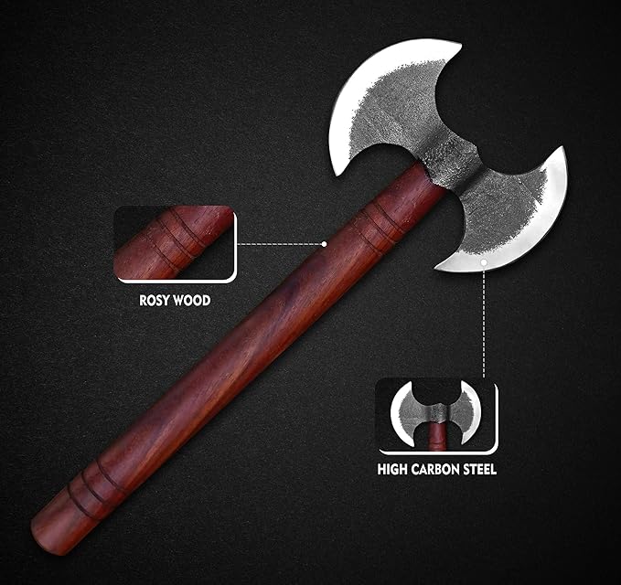 14 inch Custom Handmade Carbon Steel Viking Double Head Axe - Camping, Hatchet, Survival, Hunting, Outdoor, Throwing, Bushcraft, Tomahawk, Estwing, Tactical Double Head Axe with Sheath
