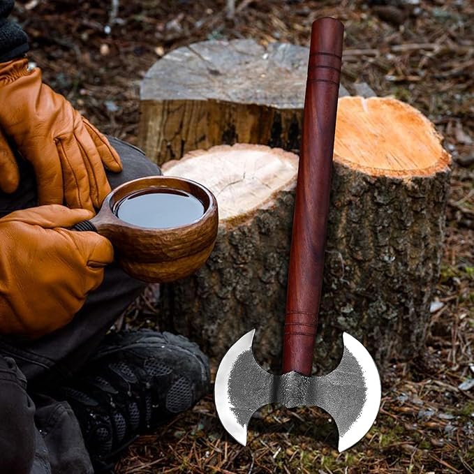 14 inch Custom Handmade Carbon Steel Viking Double Head Axe - Camping, Hatchet, Survival, Hunting, Outdoor, Throwing, Bushcraft, Tomahawk, Estwing, Tactical Double Head Axe with Sheath