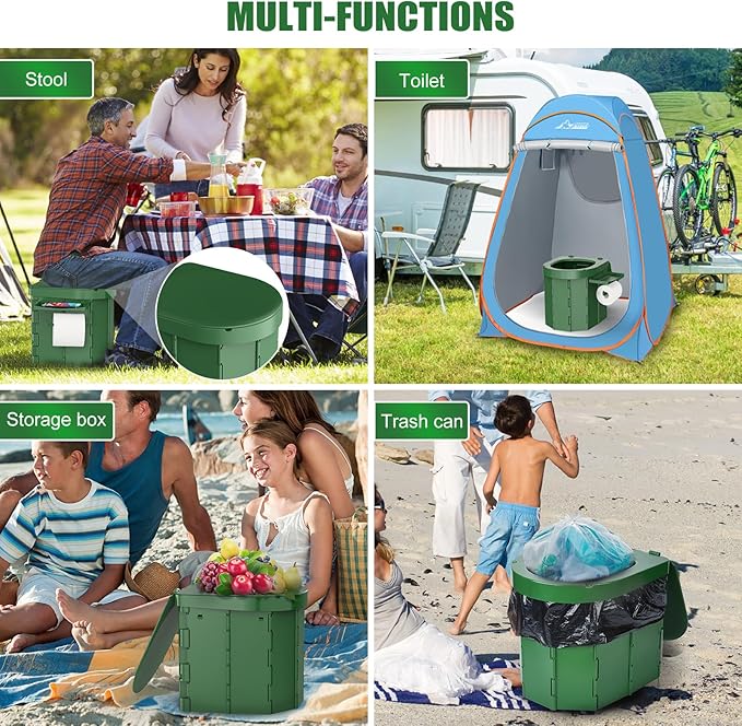 Portable Camping Toilet, Foldable Toilet for Adults with Detachable Phone Shelf and Toilet Paper Holder, Waterproof Porta Potty with Lid for Camping, Hiking, RV Travel, Road Trips