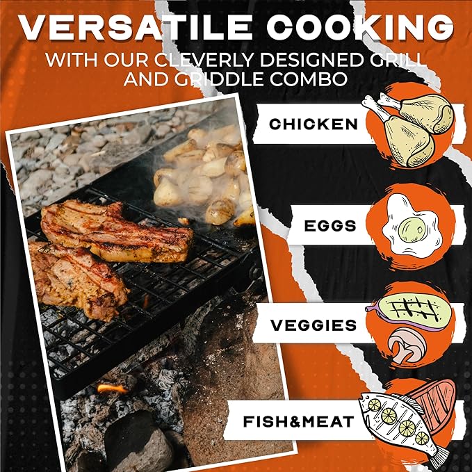 Heavy Duty 24" Folding Campfire Grill, Camp Fire Grill With Folding Grill Design For Compact Storage. Campfire Grill Grate And Griddle For Versatile Campfire Cooking