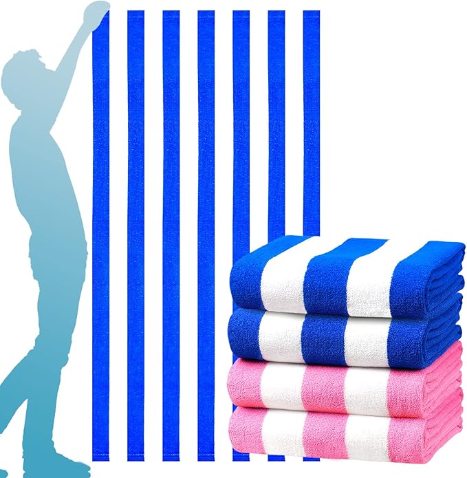 4 Packs Oversized Stripe Beach Towel Thin Terry with Towel Bands Set Extra Large Big Clearance Pool Travel Accessories Essentials Soft Absorbent Swim Bath Towels Bulk Men Women Adults Gift Blue Powder