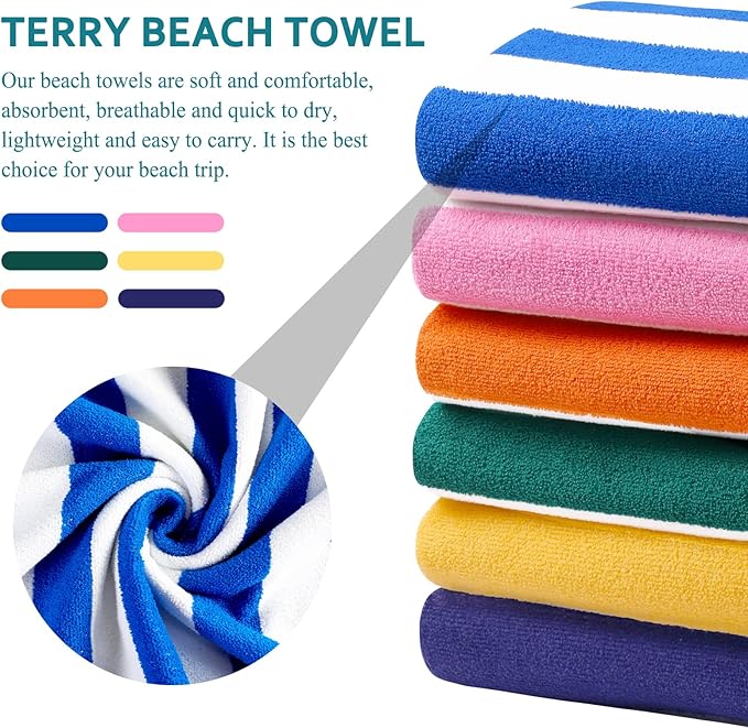 4 Packs Oversized Stripe Beach Towel Thin Terry with Towel Bands Set XL Extra Large Big Clearance Pool Travel Accessories Essentials Soft Absorbent Swim Bath Towels Bulk Men Women Adults Gift Powder