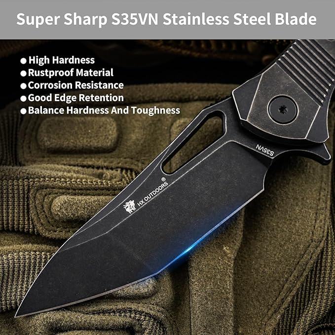 HX OUTDOORS Pocket Knife with Lock, High End S35VN Steel Folding Knife with Non Slip Titanium Alloy Handle(Black)