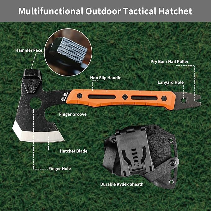 HX Outdoors Multifunctional Splitting Axe, Full Tang Survival Camping Tactical Wood Hatchet,Camp Bushcraft Hand Axes with Hammer and Nail Puller (Orange)