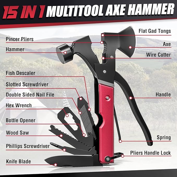 15 in 1 Multitool Axe Hatchet, Gifts for Men, Camping Accessories Survival Gear, Multi Tool Gifts for Camping Hiking Survival, Cool Gadgets Christmas Gifts for Men, Dad, Husband