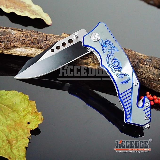 KCCEDGE BEST CUTLERY SOURCE EDC Pocket Knife Camping Accessories Razor Sharp Edge Drop Point Blade Folding Knife Camping Gear Survival Kit 58595 (Blue)