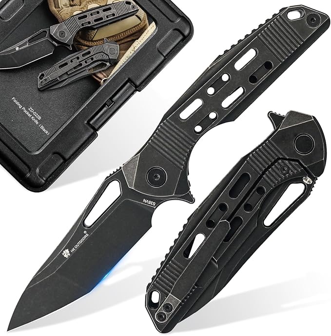 HX OUTDOORS Pocket Knife with Lock, High End S35VN Steel Folding Knife with Non Slip Titanium Alloy Handle(Black)