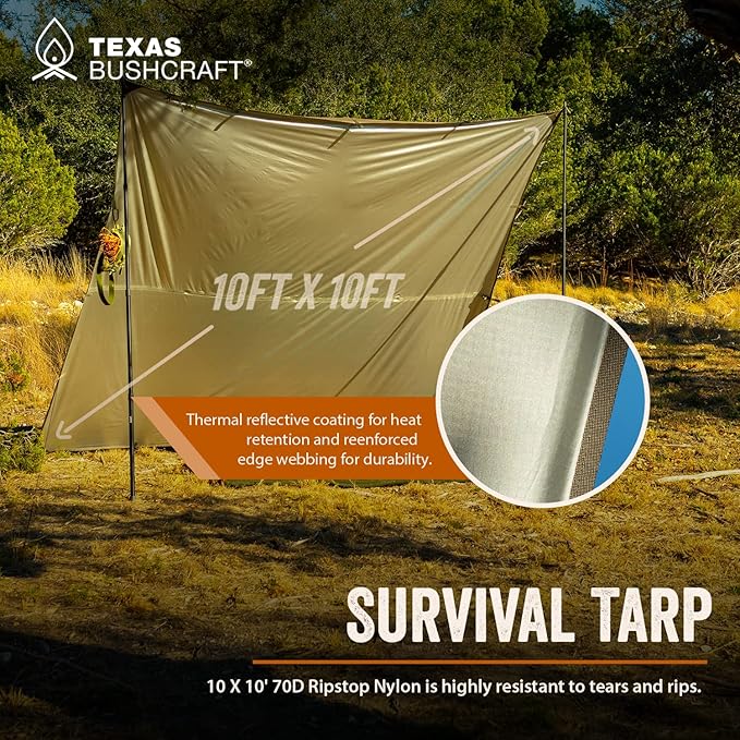Emergency Camping Tarp, Waterproof 10x10 Emergency Shelter for Backpacking and Hiking, 70D Ripstop Nylon Survival Tarp with Reflective Aluminized Polymer and Loop Ties with Grommets