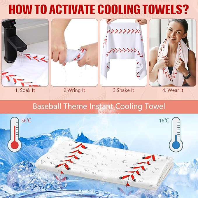 6 Pack Baseball Cooling Towels for Boys, White Sports Towels with Bags, 40"x12" Breathable Chilly Towel, Microfiber Towel for Baseball Sport Team Gift