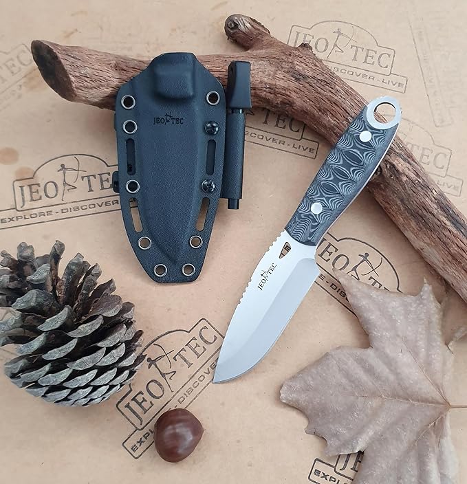 JEO-TEC Nº10 Bushcraft Survival Knife | Full Tang Fixed Blade Outdoor Camping Utility Hunting Knife In Kydex Sheath | MOVA Steel Fire Starter Scraper | Gift For Him