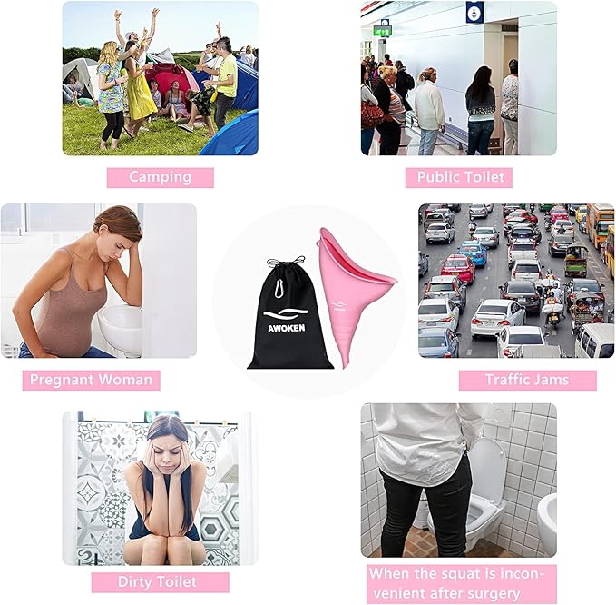 AWOKEN Female Urination Device, Reusable Silicone Female Urinal Women Pee Funnel Women to Pee Standing Up, Female Urinal with Drawstring Bags for Travel and Outdoor Camping