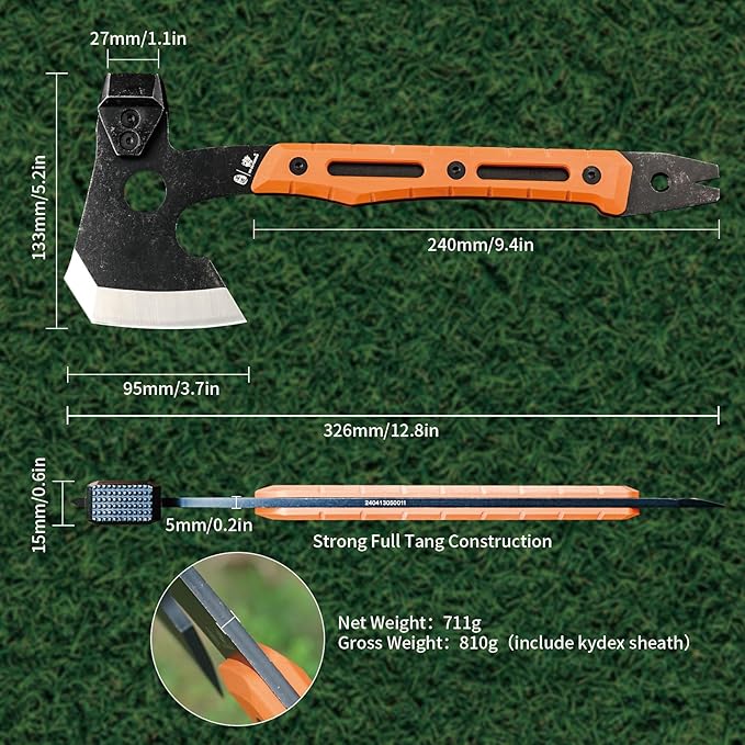 HX Outdoors Multifunctional Splitting Axe, Full Tang Survival Camping Tactical Wood Hatchet,Camp Bushcraft Hand Axes with Hammer and Nail Puller (Orange)