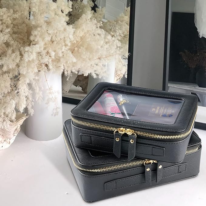 Aveniee Clear Makeup Bag Organizer, Portable Travel Toiletry Cosmetic Bag Case for Women, Heavy Duty Clear Pouch with zipper with Transparent Vinyl Windows & Gold Zippers(Black)