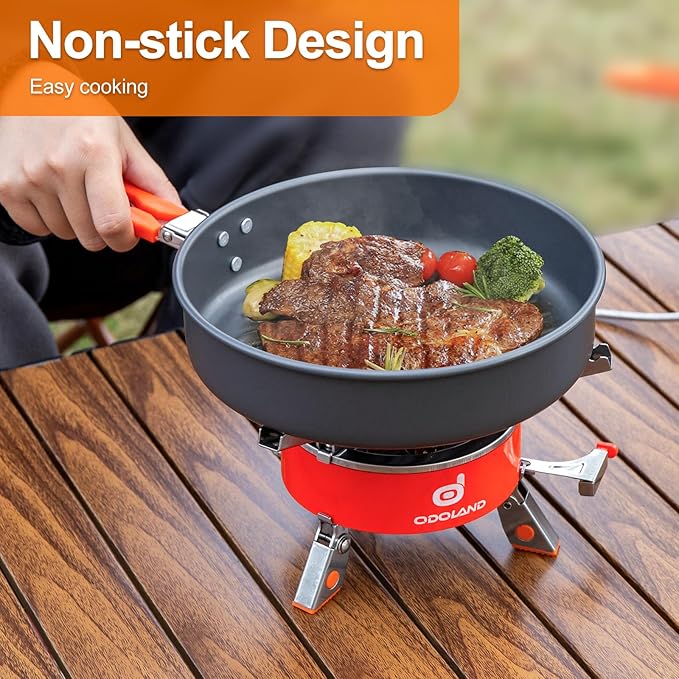 Odoland Camping Cookware Mess Kit, Non-Stick Lightweight Camping Pot and Fry Pan Set with Mesh Bag for Camping, Backpacking, Outdoor Cooking and Picnic