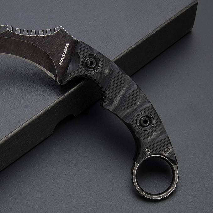 1911K Tactical Knife Fixed Blade Teeth Knife D2 curved Blade & G10 Handle for Outdoor Survival, Camping, Bushcraft and Hunting, with Sheath (Stonewashed, 180)