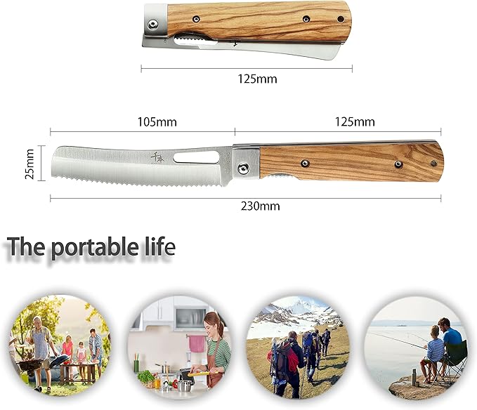 440A stainless steel pocket folding Japanese Bread knife Natural Olive Handle Camping trip Outdoor Portable Serrated knife
