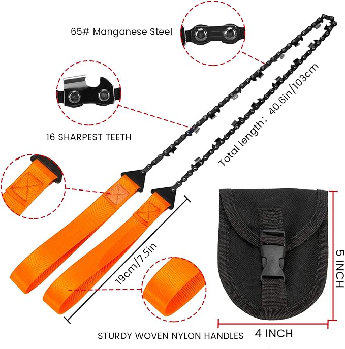 24 Inch Pocket Chain Rope Saw Portable Hand Saw With Sharp Teeth Blades for Survival Gear, Camping, Hunting, Tree Cutting or Emergency Kit