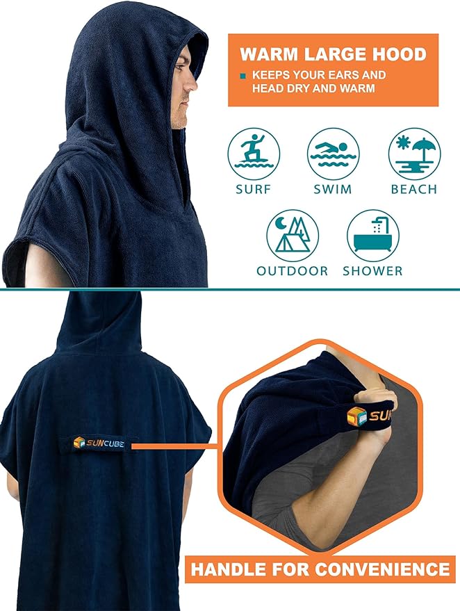 SUN CUBE Surf Poncho Changing Robe with Hood | Quick Dry Microfiber Wetsuit Changing Towel with Pocket for Surfing Men Women