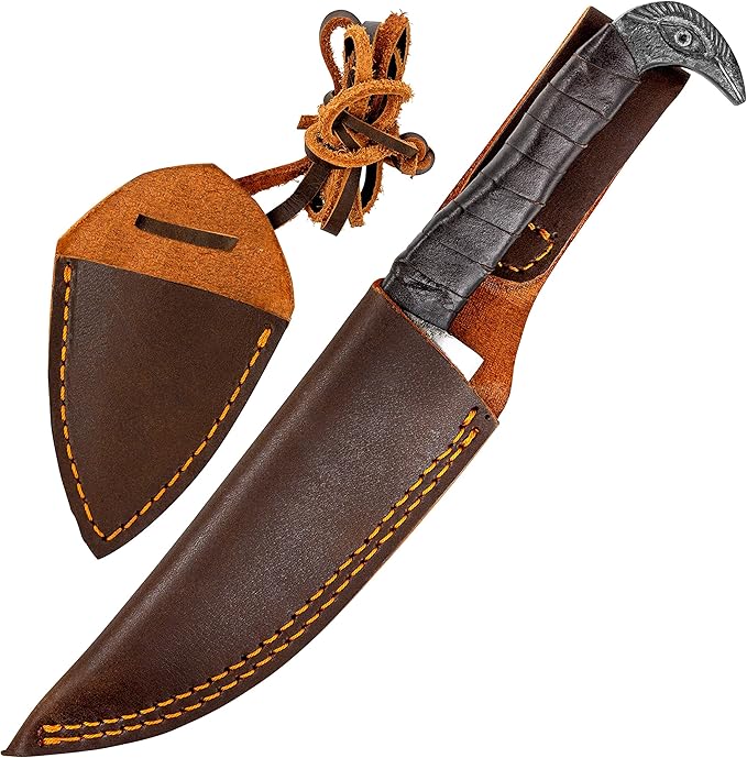 2-Piece Viking Knife Set - 10.3" Raven-Head Viking Knife with 6.5" Blade & Leather Sheath - 3" Celtic Pocket Knife with Necklace Case - Sharp Hand-Forged Real Carbon Steel