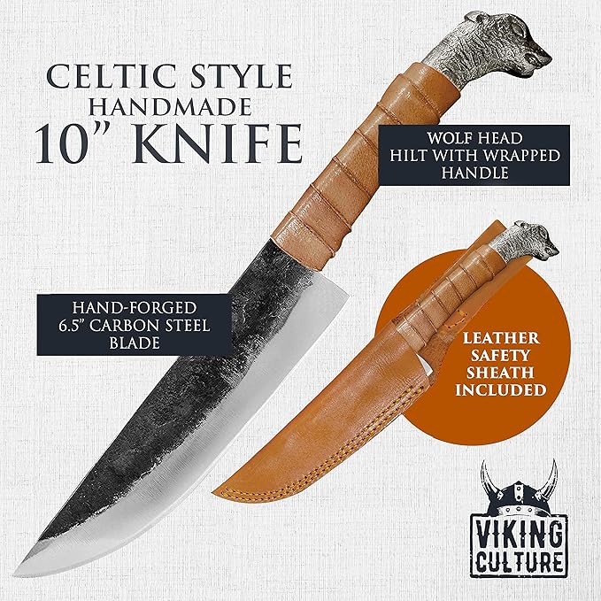 2-Piece Viking knife Set - 10.3" Wolf-Head Viking Knife with 6.5" Blade & Leather Sheath - 3" Celtic Pocket Knife with Necklace Case - Sharp Hand-Forged Real Carbon Steel