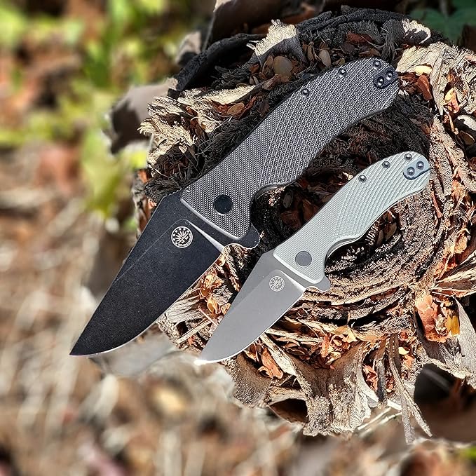 Off-Grid Knives - Baby Rhino - Legal Carry Heavy Duty Compact Folding Knife w. Sandvik 14C28N Blade Steel, Sky Gray G10 Scales, Deep Carry Left and Right Hand, Built Like A Tank