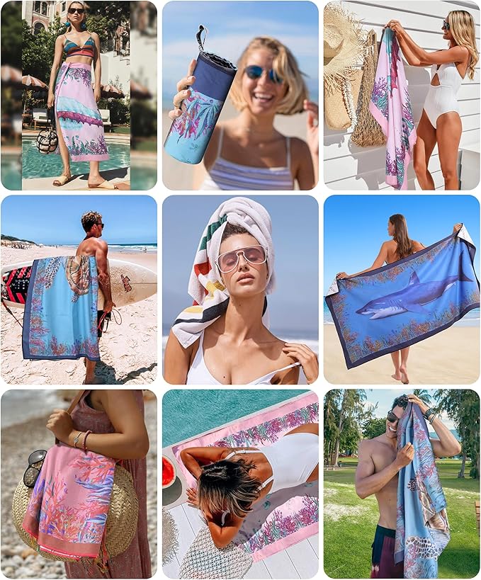 2 Packs Luxury Oversized Microfiber Beach Towel 32x63 Inch Shark, Double Sided Quick Dry Sandrpoof Compact, Adult Extra Large Chair Towel Over Bulk Set Sand Free Thin Sand Repellent Anti Repels