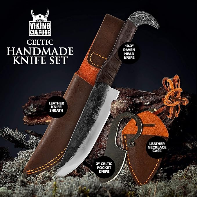 2-Piece Viking Knife Set - 10.3" Raven-Head Viking Knife with 6.5" Blade & Leather Sheath - 3" Celtic Pocket Knife with Necklace Case - Sharp Hand-Forged Real Carbon Steel