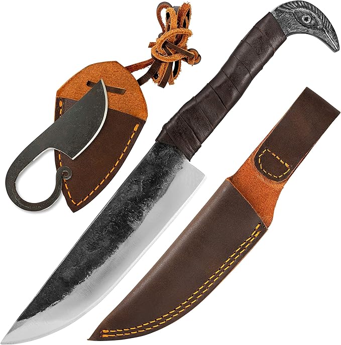 2-Piece Viking Knife Set - 10.3" Raven-Head Viking Knife with 6.5" Blade & Leather Sheath - 3" Celtic Pocket Knife with Necklace Case - Sharp Hand-Forged Real Carbon Steel