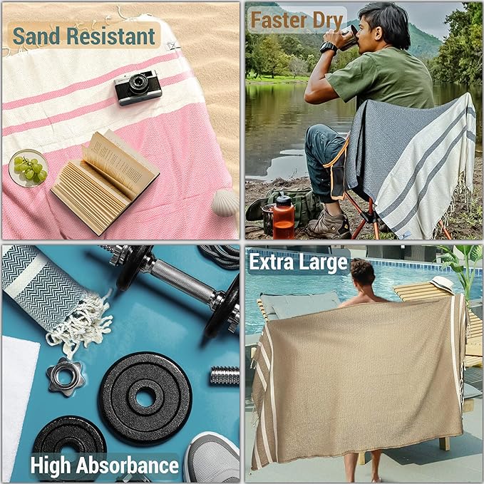 2 Oversize Cotton Travel Towel Pack Quick Dry Camping Pool Hiking Compact Vacuum Sealed Lightweight Absorbent Turkish Beach Blanket Pool Swim Camp (Turquoise Blue and Silver Gray)