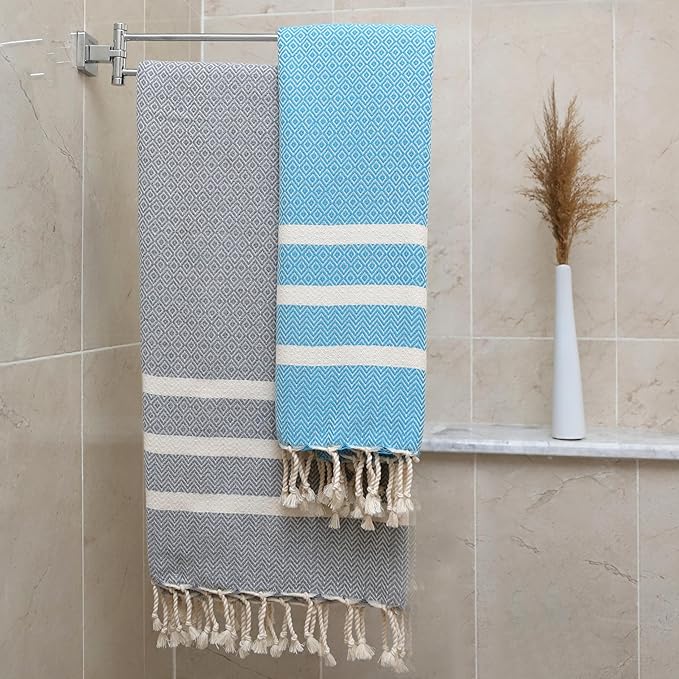 2 Oversize Cotton Travel Towel Pack Quick Dry Camping Pool Hiking Compact Vacuum Sealed Lightweight Absorbent Turkish Beach Blanket Pool Swim Camp (Turquoise Blue and Silver Gray)